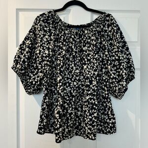 Old Navy Black and White Floral Blouse puff sleeves 100% cotton 2X
